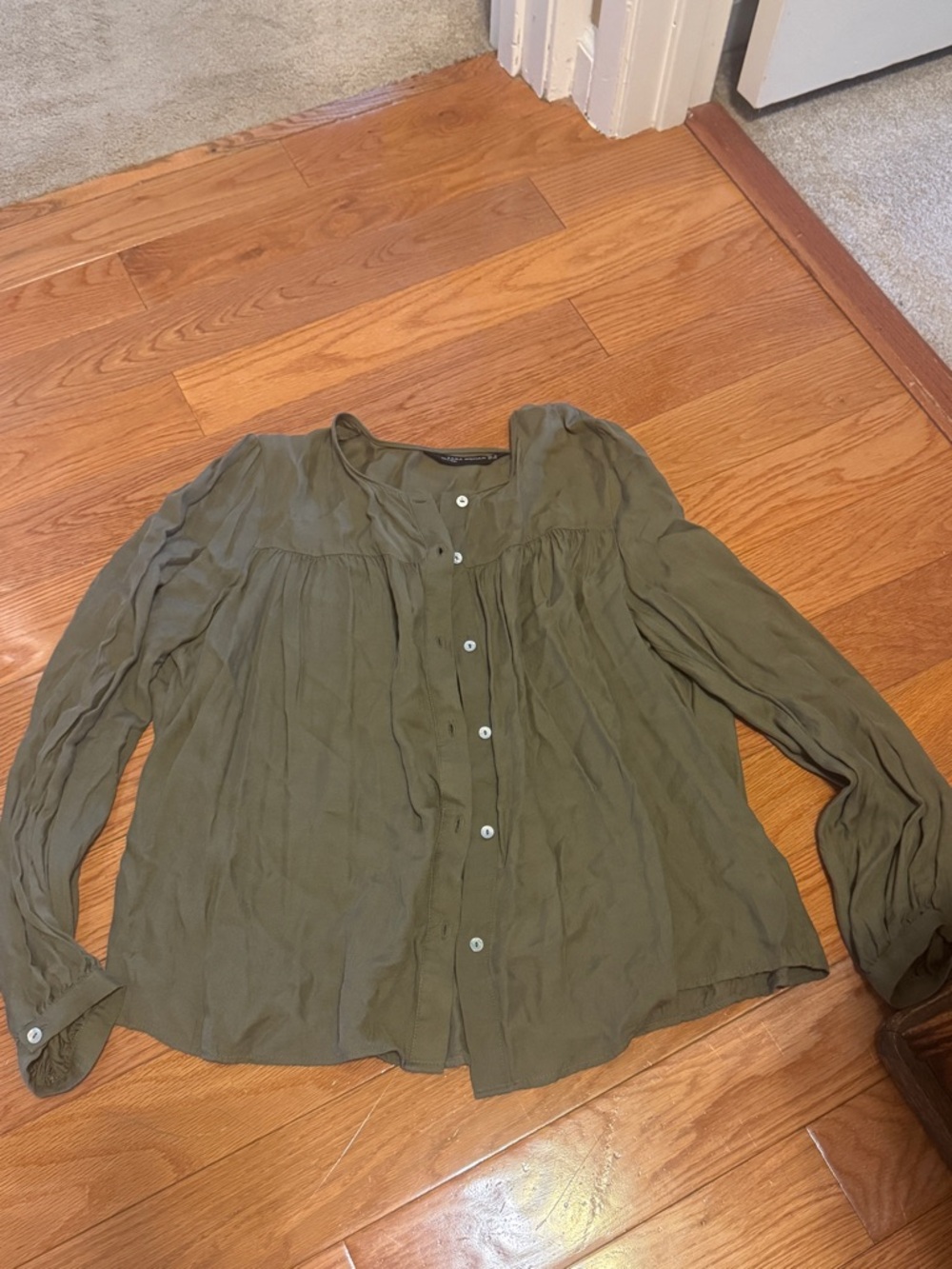 Women's Olive Button-Front Peasant Blouse